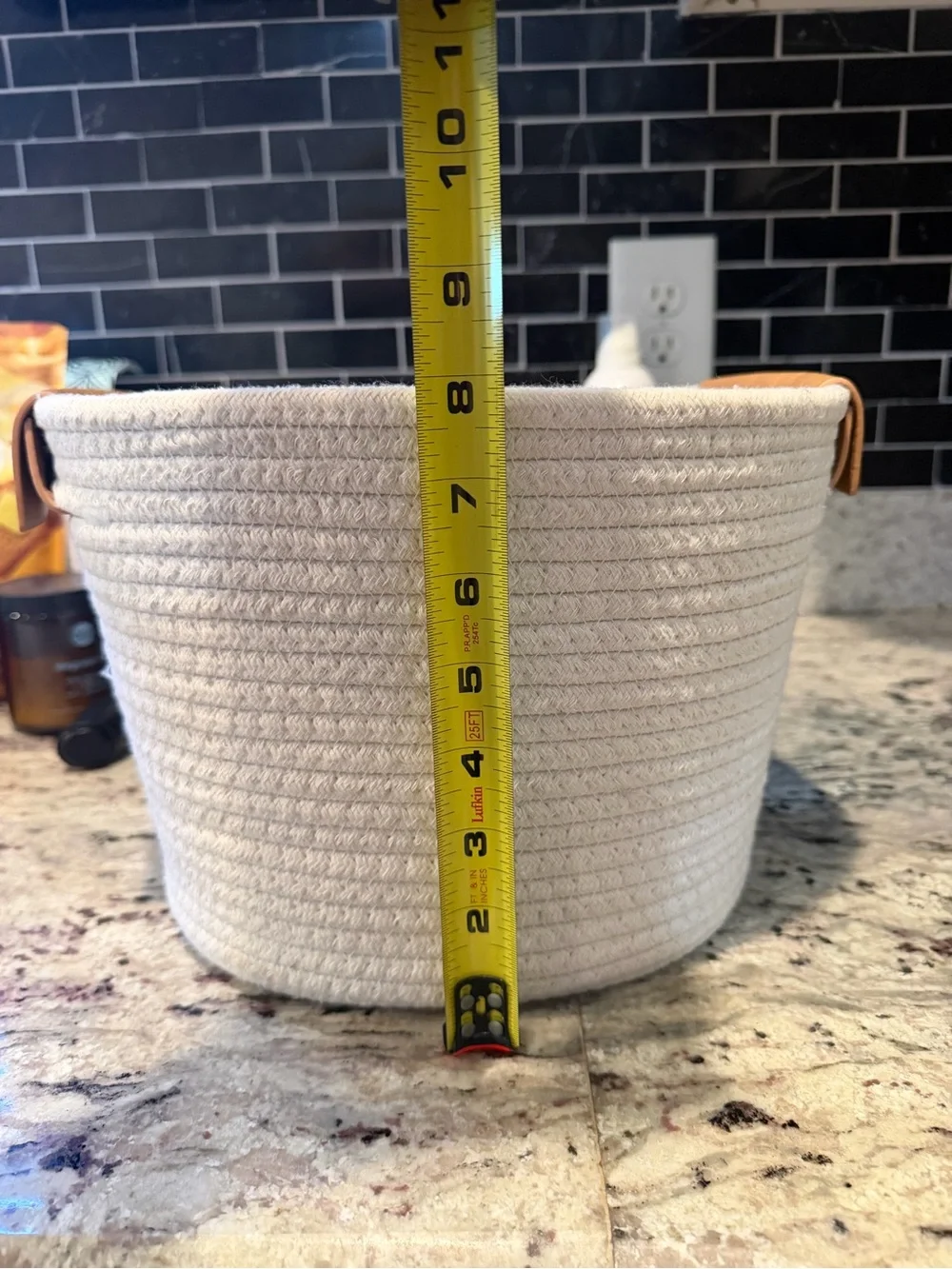 Neutral Woven Rope Storage Basket with Leather Handles - White